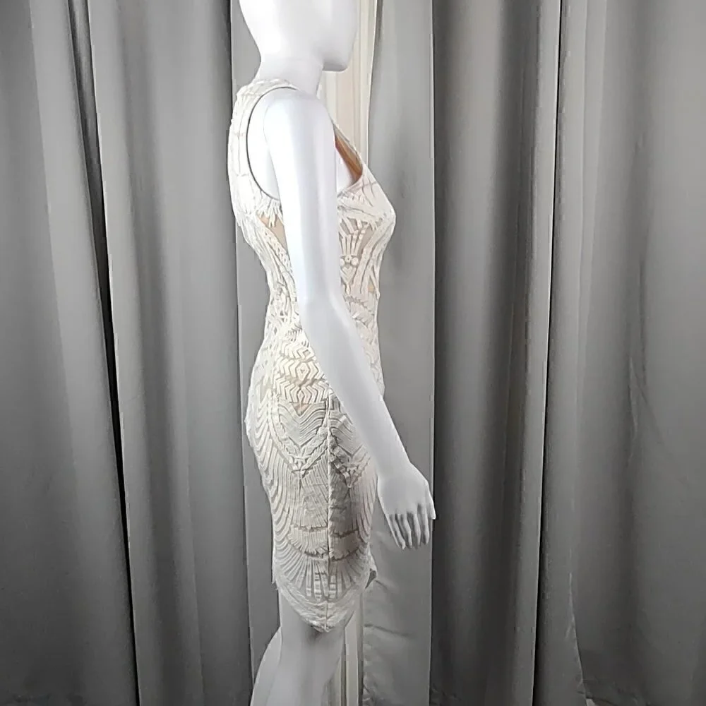 Tea & Cup Cream Bodycon Fitted & Lined Cotton Mini Dress. Size Small - Picture 3 of 13